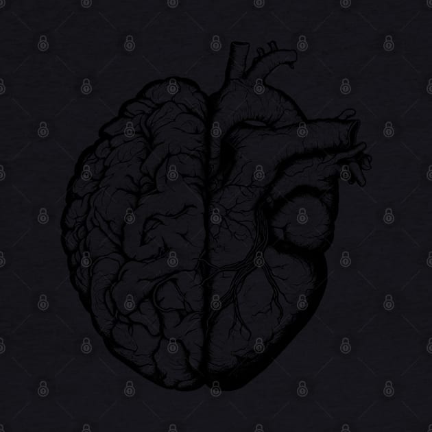 Half brain half heart, brain or heart and feeling, human heart and brain in black by Collagedream